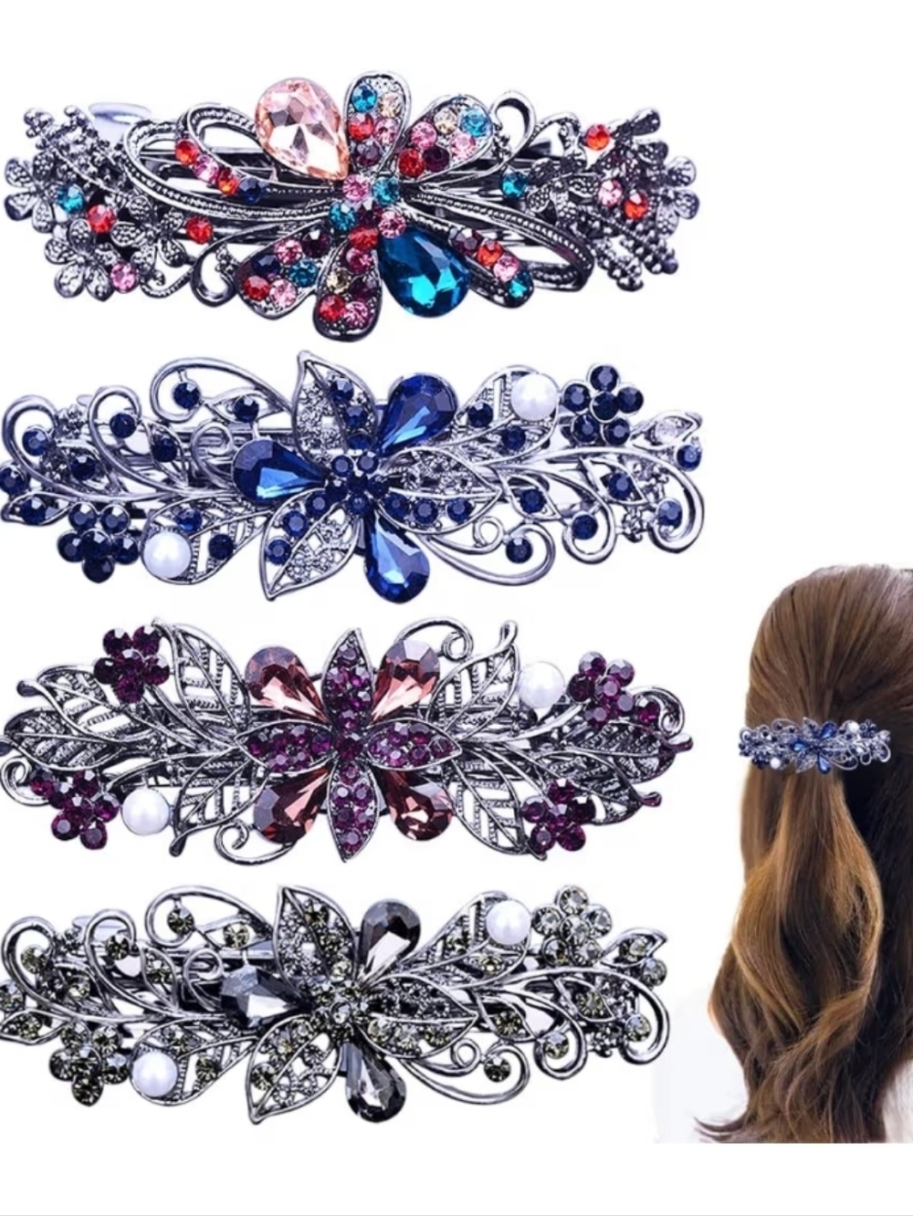 Floral Crystal Rhinestone Hair Barrettes - Multicolor